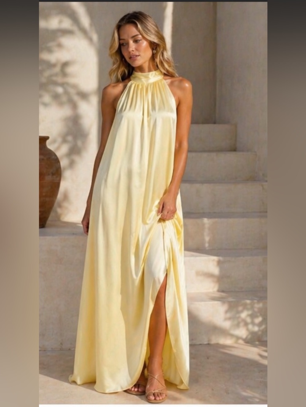 NWT Jaki London Ruby Halterneck Satin Mai Dress in Pastel Yellow Size S